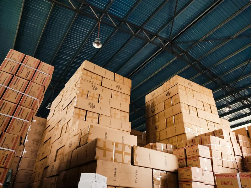 Stacked cardboard boxes of different sizes on a warehouse shelf, showing small, medium, and large options